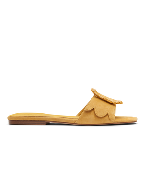 side view of the Kiwi Sandal in Sunflower (yellow) Suede