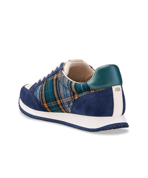 back 3/4ths view of the Roadrunner Sneaker in Navy Plaid Suede