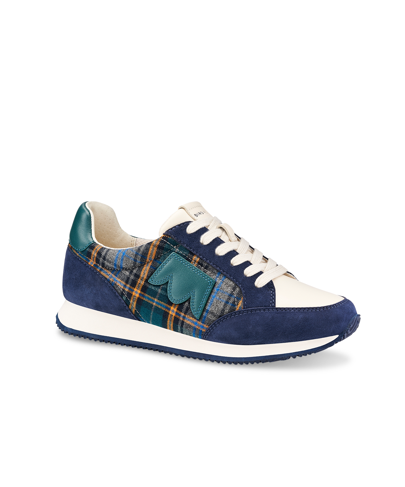 front 3/4th view of the Roadrunner Sneaker in Navy Plaid Suede