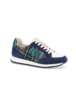 front 3/4th view of the Roadrunner Sneaker in Navy Plaid Suede