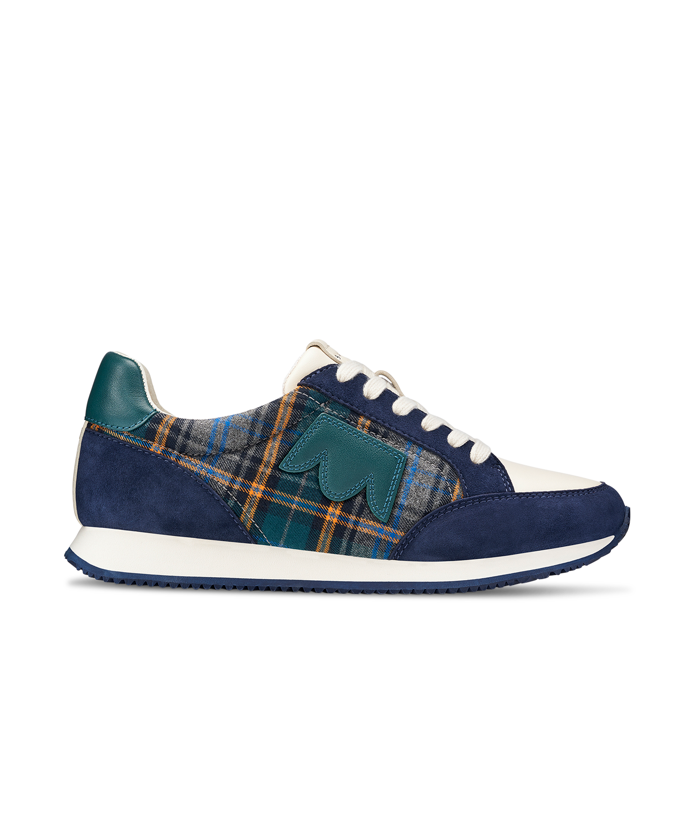 side view of the Roadrunner Sneaker in Navy Plaid Suede