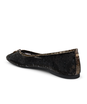 back 3/4ths view of the Songbird Ballet Flat in Black mesh Sparkle