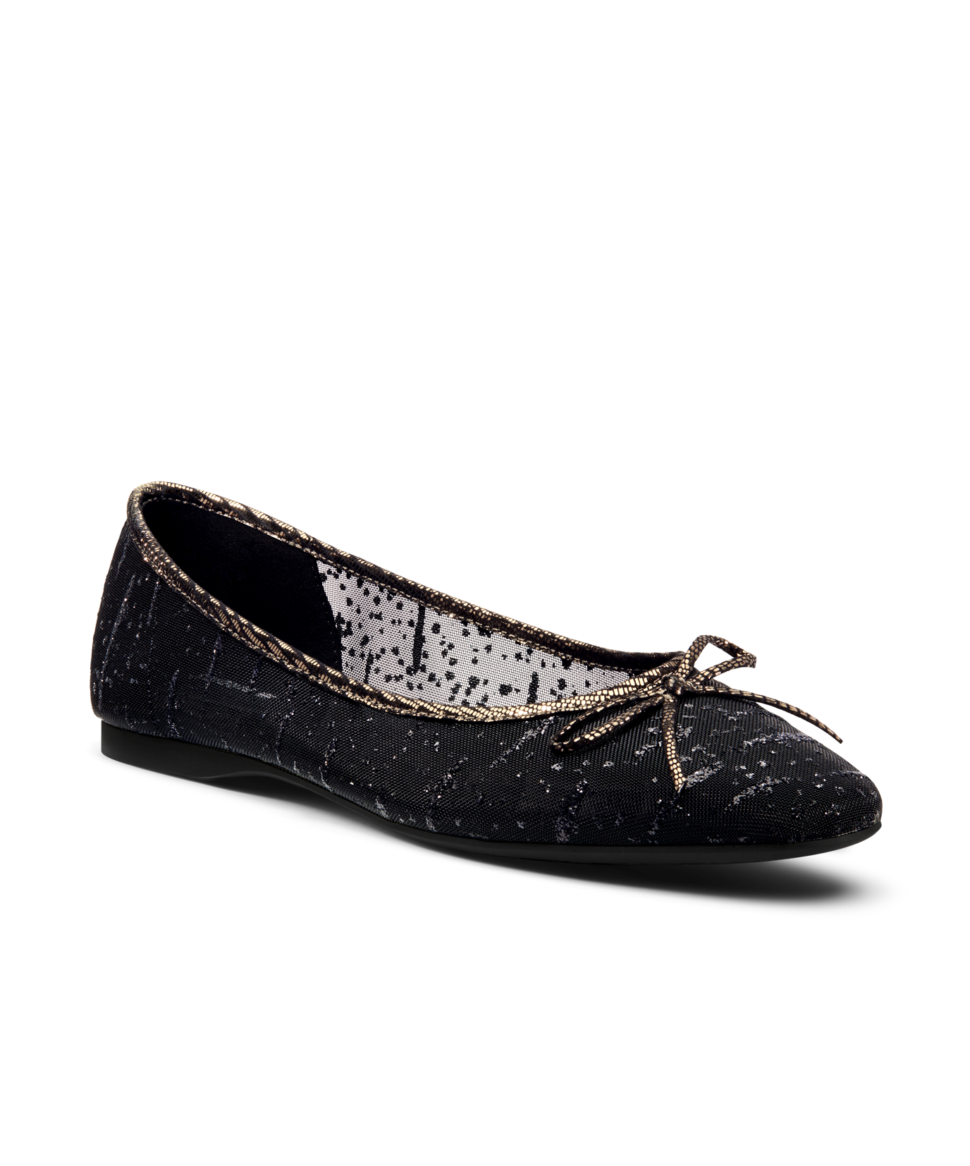 front 3/4ths view of the Songbird Ballet Flat in Black mesh Sparkle