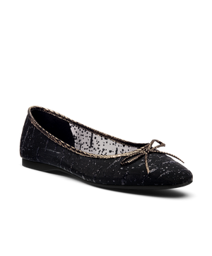 front 3/4ths view of the Songbird Ballet Flat in Black mesh Sparkle