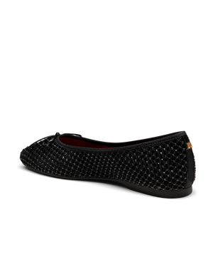 back 3/4ths view of the songbird ballet flat in black velvet crystal