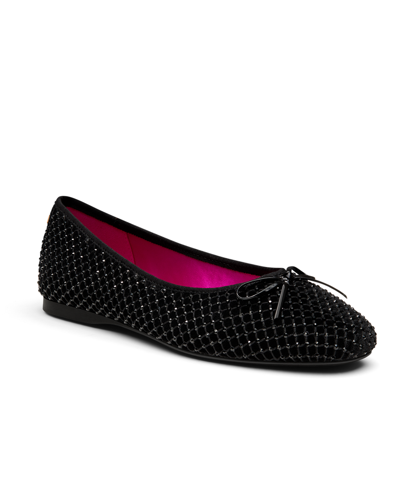 front 3/4ths view of the songbird ballet flat in black velvet crystal