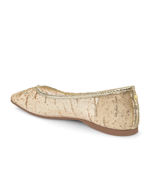 back 3/4ths view of the Songbird Ballet Flat in Gold mesh Sparkle