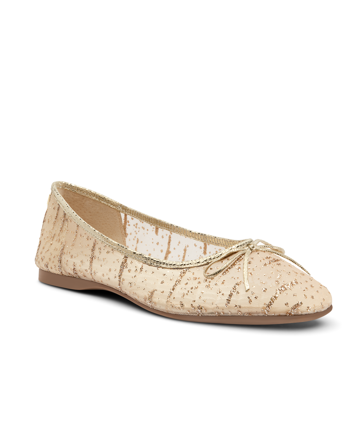 front 3/4ths view of the Songbird Ballet Flat in Gold mesh Sparkle