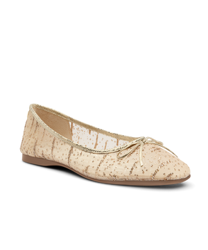 front 3/4ths view of the Songbird Ballet Flat in Gold mesh Sparkle