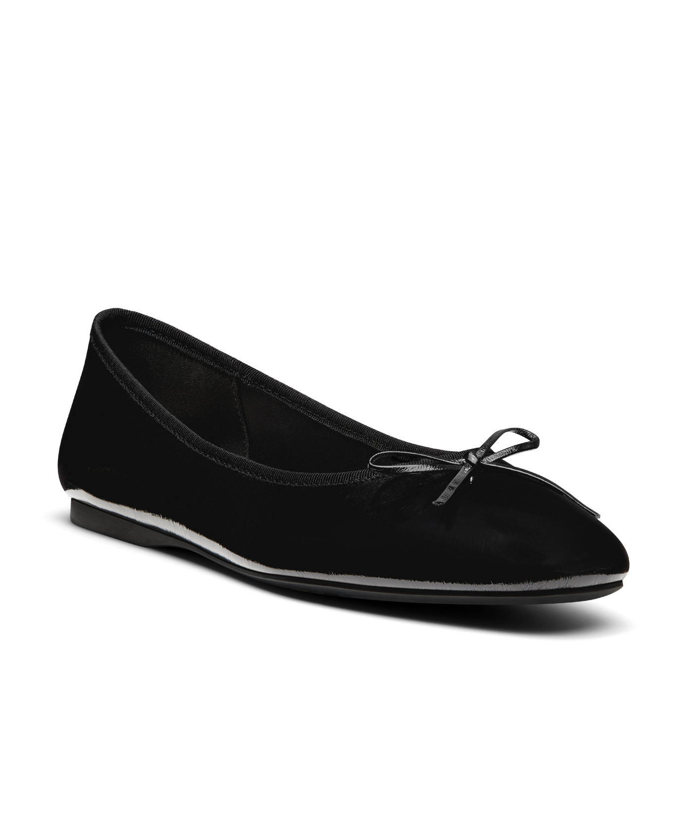 Black patent leather ballet flat with delicate bow detail, featuring a glossy finish. Front angled view