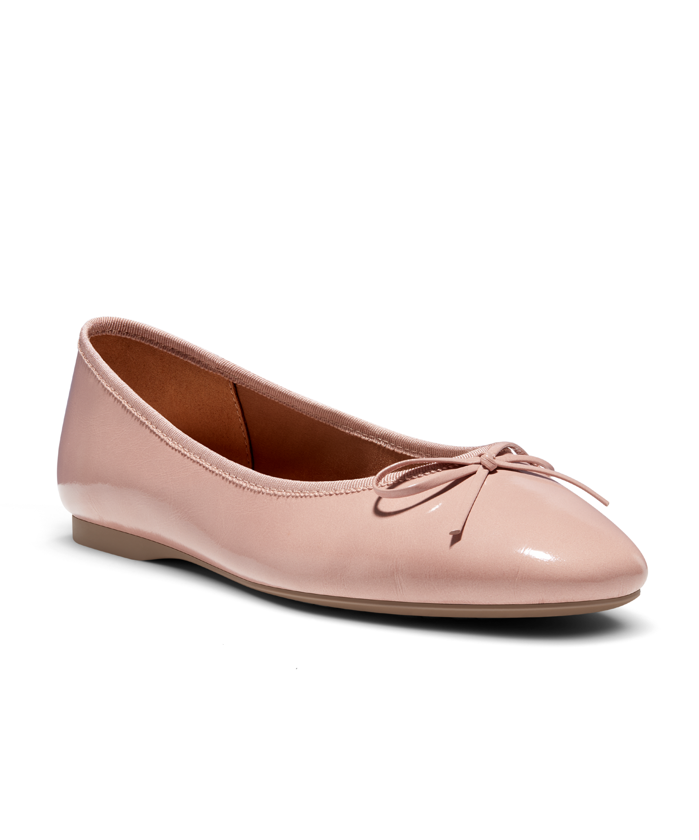Pink patent leather ballet flat with delicate bow detail, featuring a glossy finish. Front angled view.