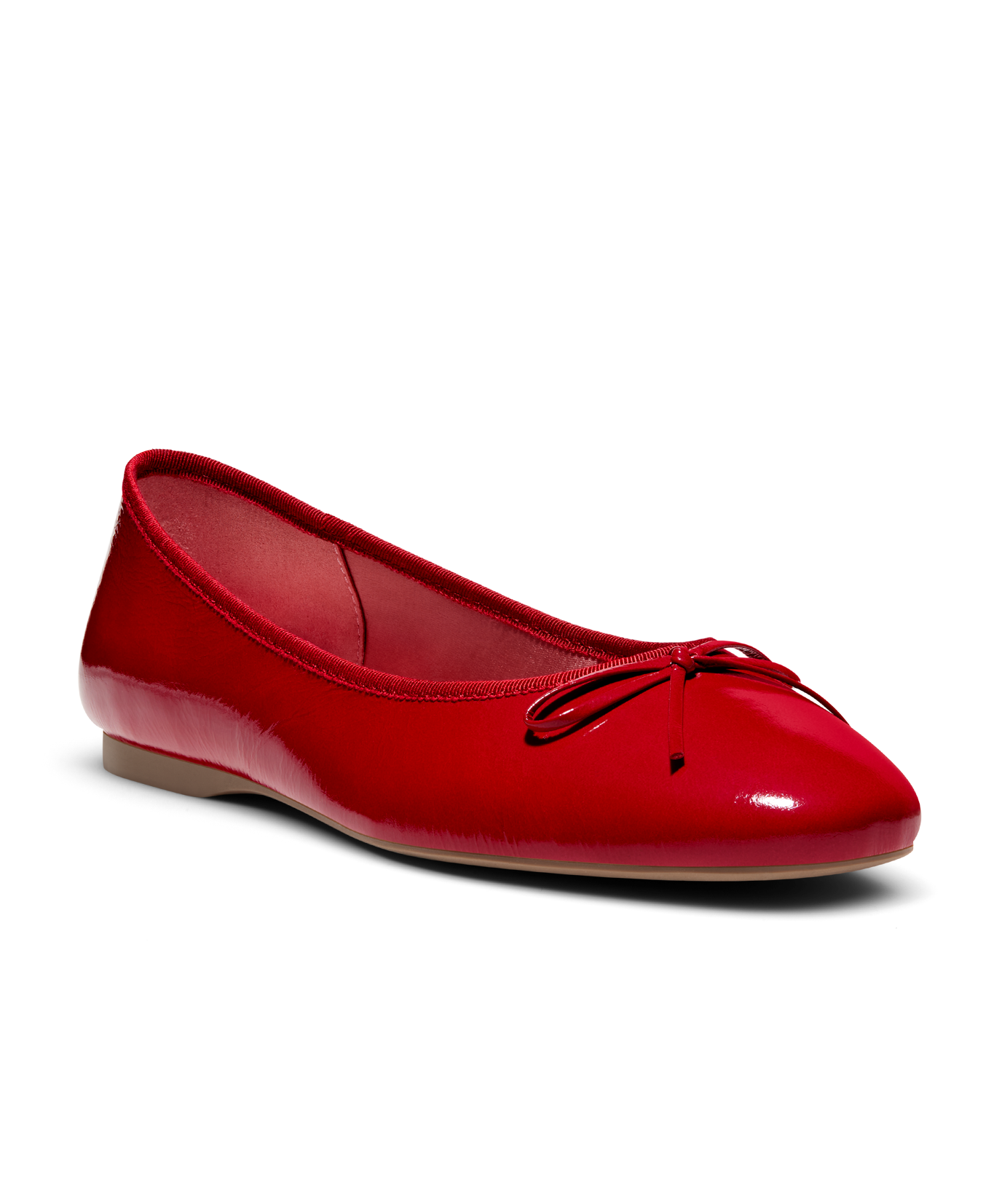 Red patent leather ballet flat with delicate bow detail, featuring a glossy finish. Front angled view. 