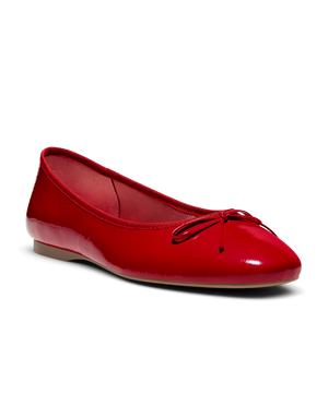 Red patent leather ballet flat with delicate bow detail, featuring a glossy finish. Front angled view. 