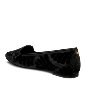 back 3/4ths view of the Sparrow Loafer in Black Velvet Embroidery