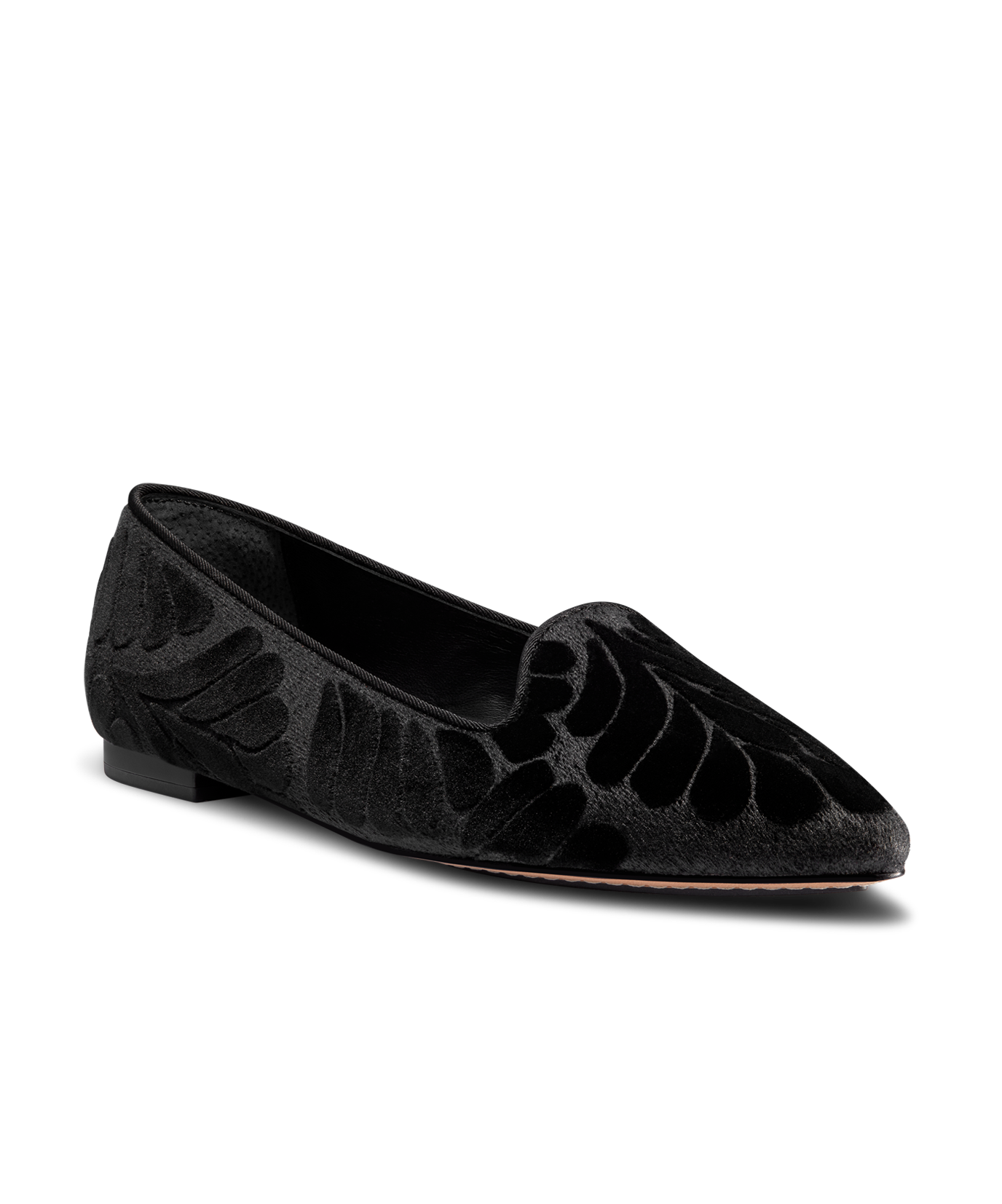 front/ 3/4ths view of the Sparrow Loafer in Black Velvet Embroidery