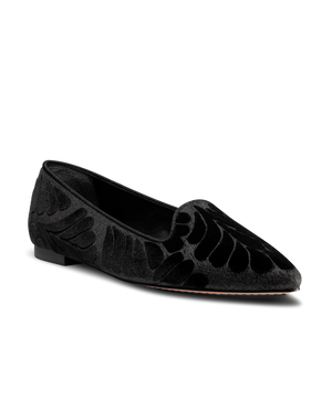 front/ 3/4ths view of the Sparrow Loafer in Black Velvet Embroidery