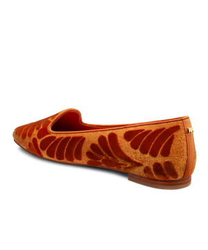 back 3/4ths view of the Sparrow Loafer in Marigold (orange) Velvet Embroidery