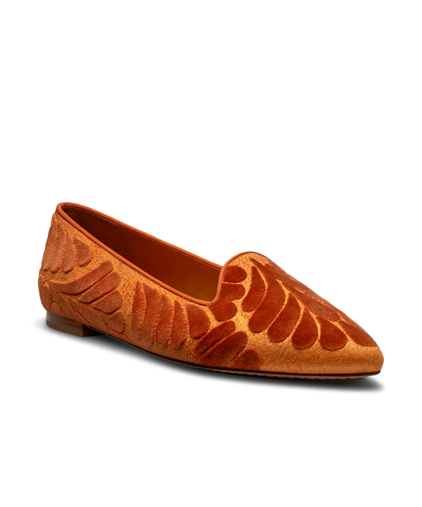 front 3/4ths view of the Sparrow Loafer in Marigold (orange) Velvet Embroidery