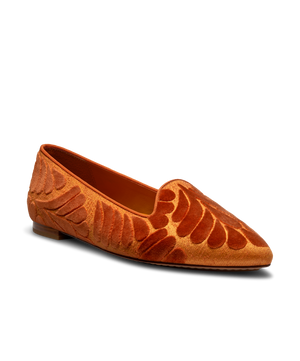 front 3/4ths view of the Sparrow Loafer in Marigold (orange) Velvet Embroidery