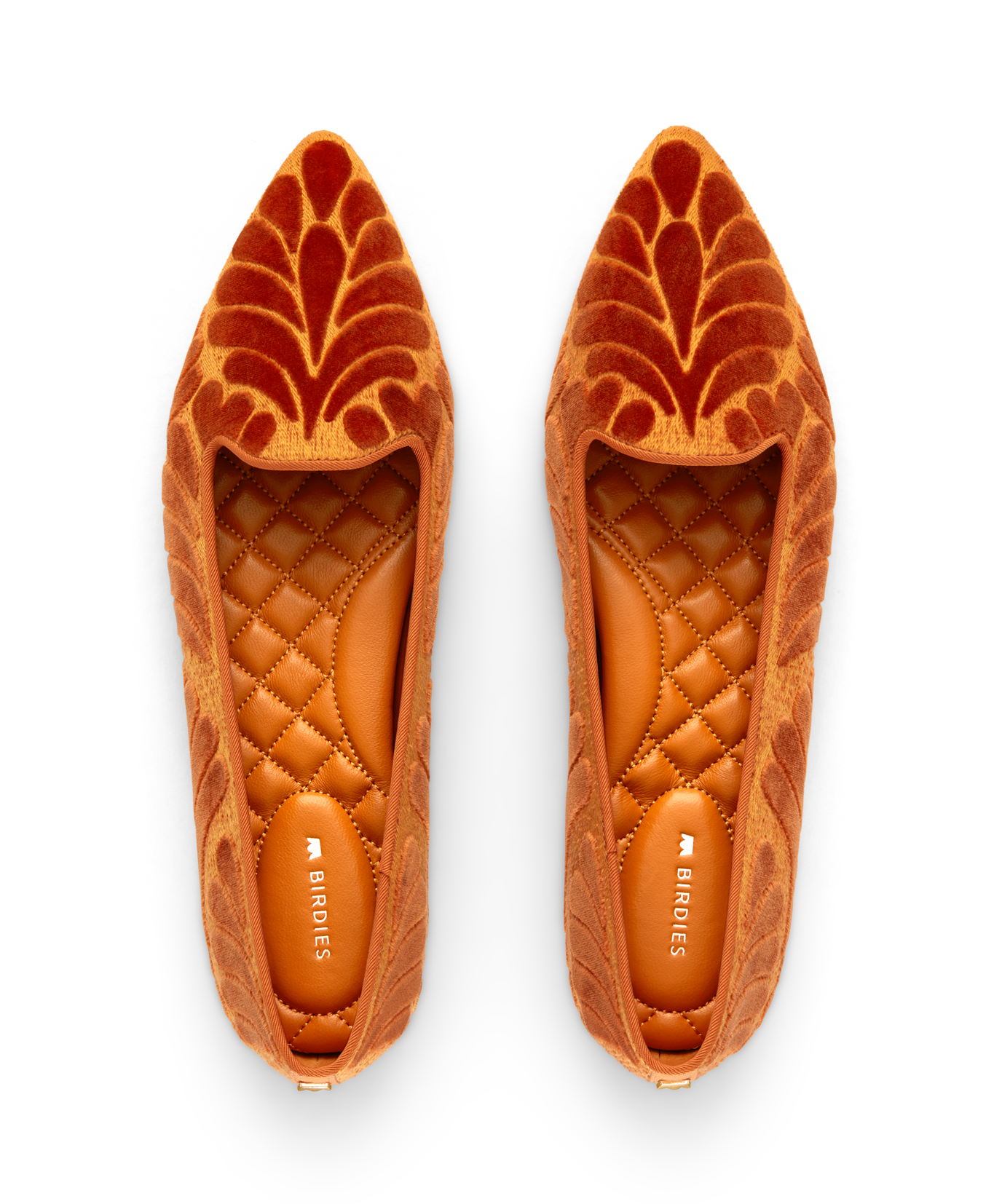 hover | top view of the Sparrow Loafer in Marigold (orange) Velvet Embroidery