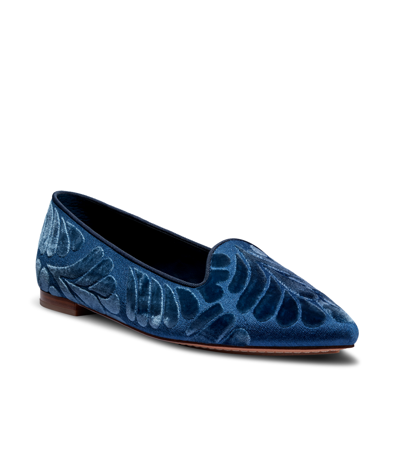 front 3/4ths view of the Sparrow Loafer in Ocean (blue) Velvet Embroidery