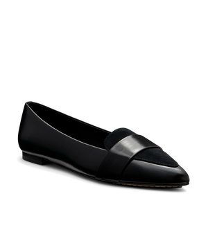 front 3/4ths view of the sparrow leather loafer in licorice (black)