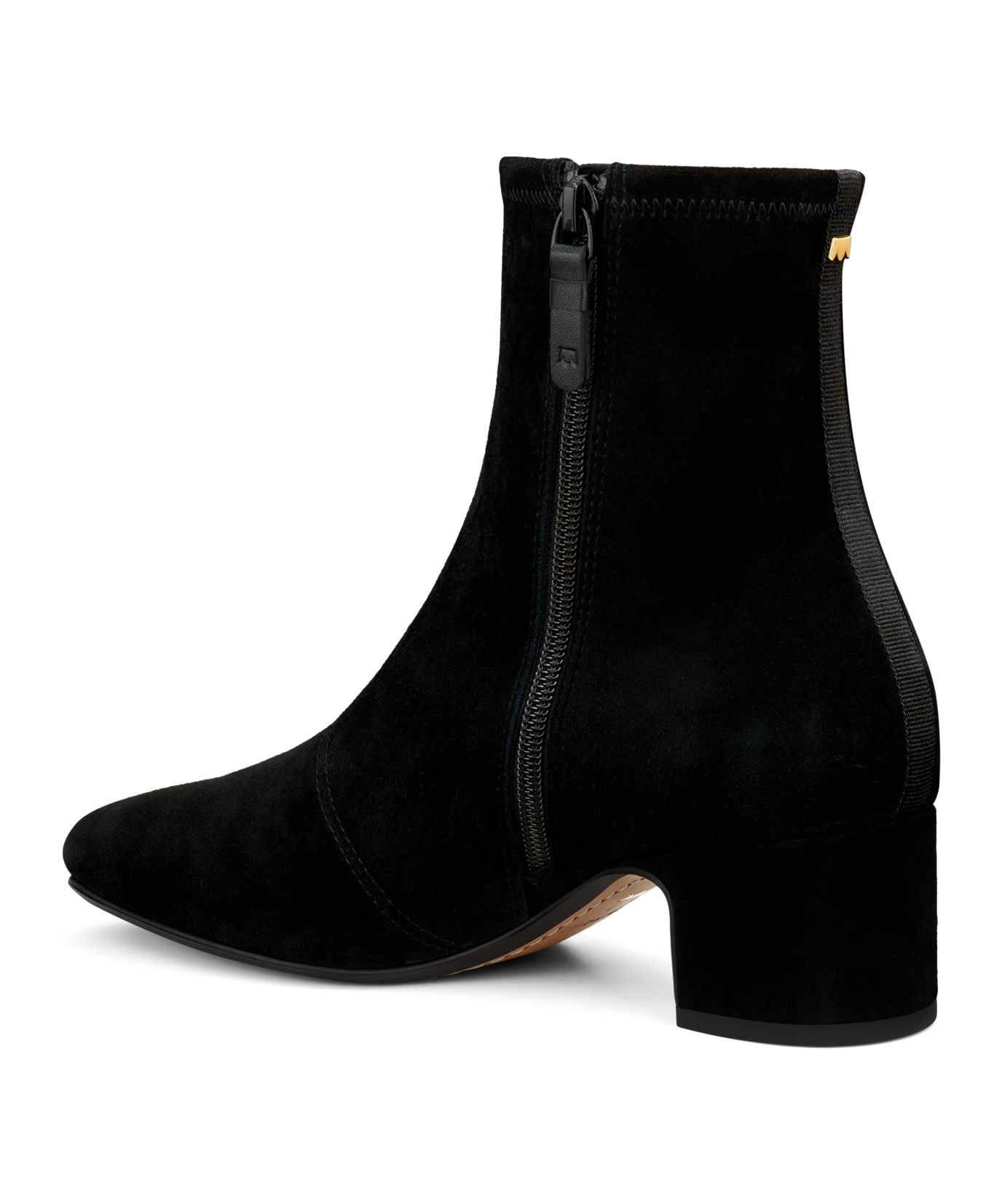 back 3/4ths view of the Starling 50 bootie in Black Suede