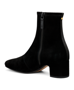 back 3/4ths view of the Starling 50 bootie in Black Suede