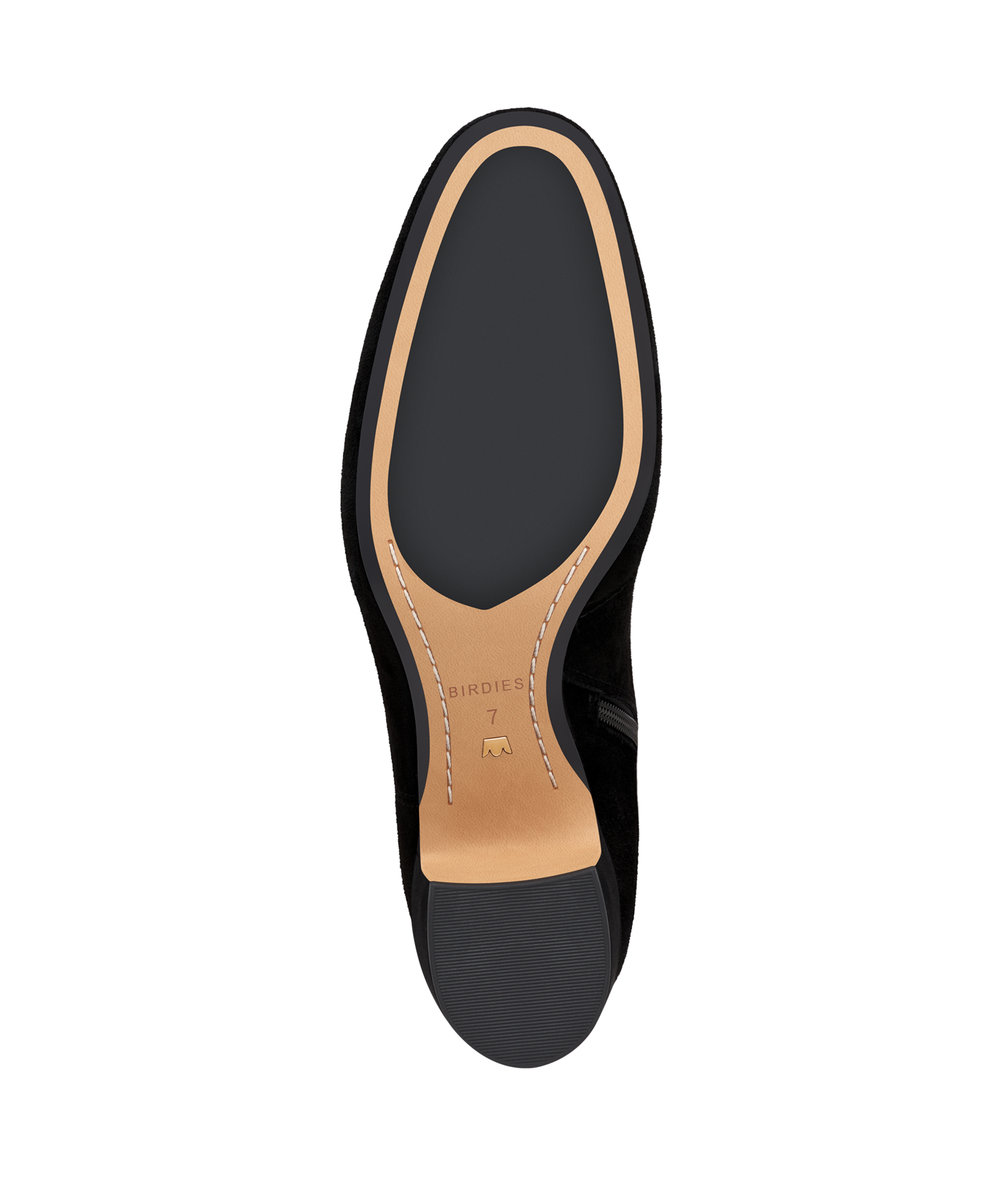 bottom view of the Starling 50 bootie in Black Suede