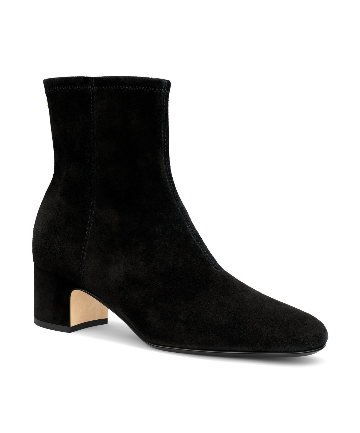 front 3/4ths view of the Starling 50 bootie in Black Suede