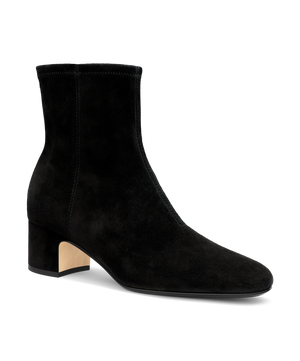 front 3/4ths view of the Starling 50 bootie in Black Suede