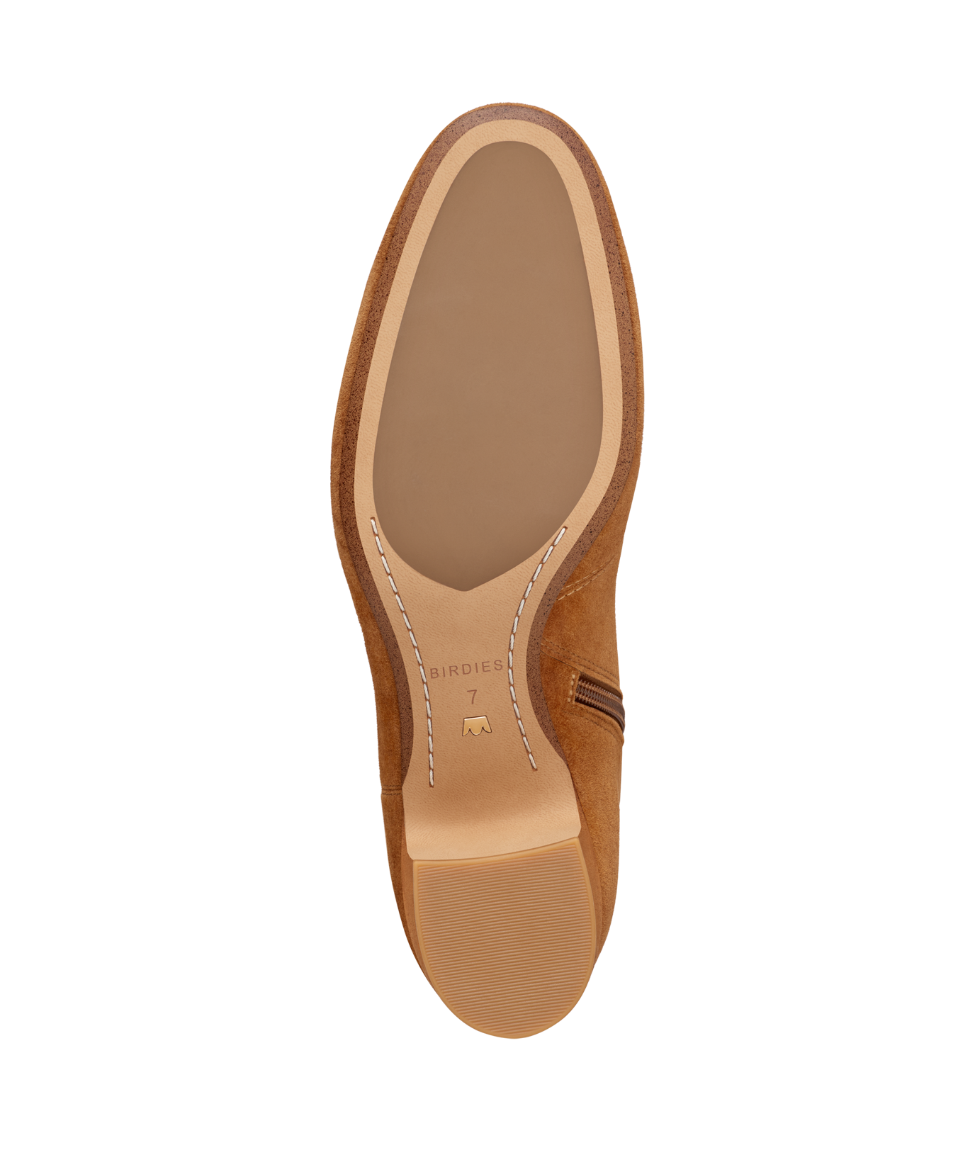 bottom view of the Starling 50 bootie in Tan Suede