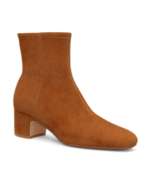 front 3/4ths view of the Starling 50 bootie in Tan Suede