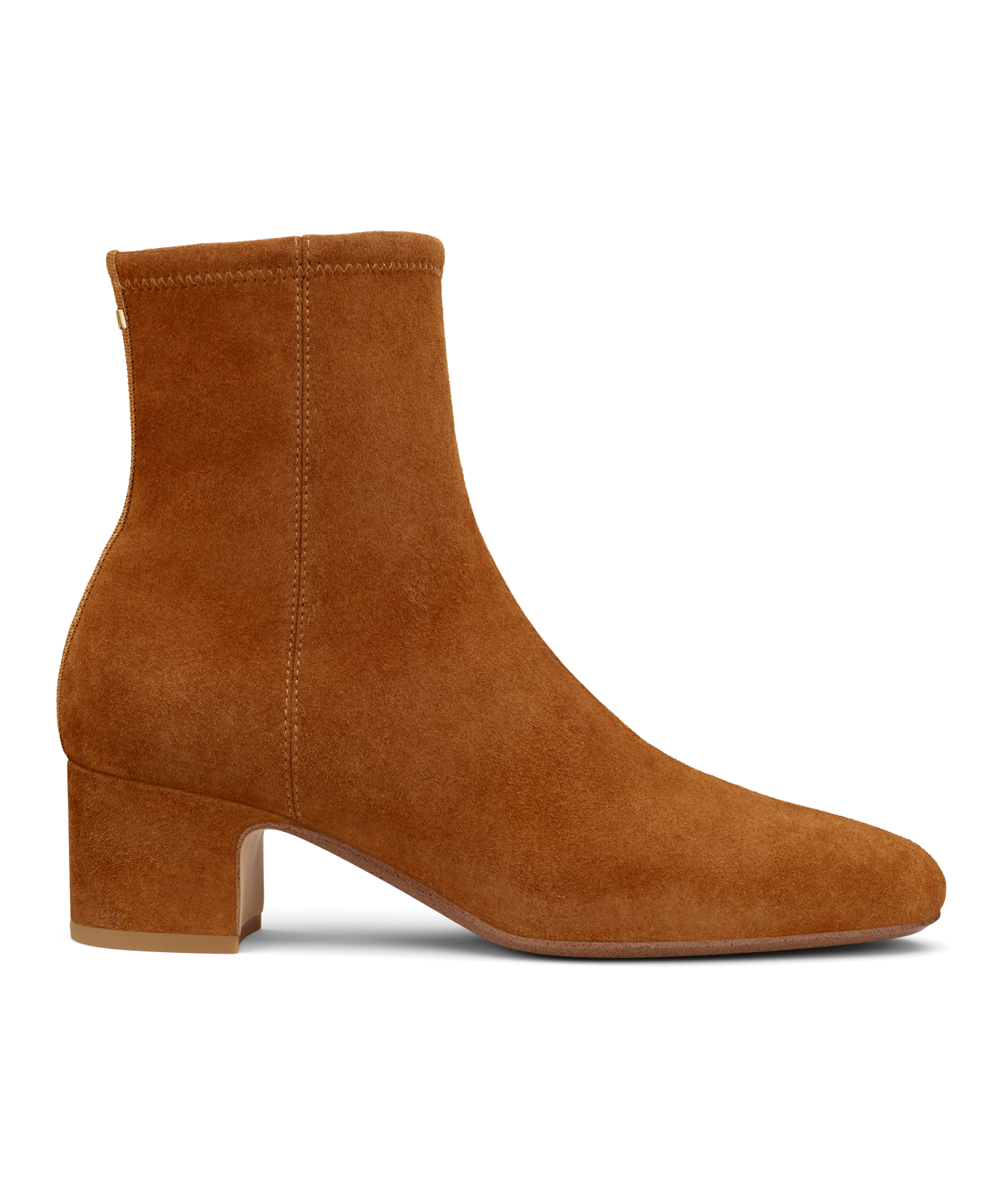 hover | side view of tan suede bootie