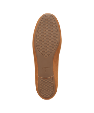 Tan suede classic loafer shoe with rounded toe, designed for comfort and style. Perfect for everyday wear. Bottom view