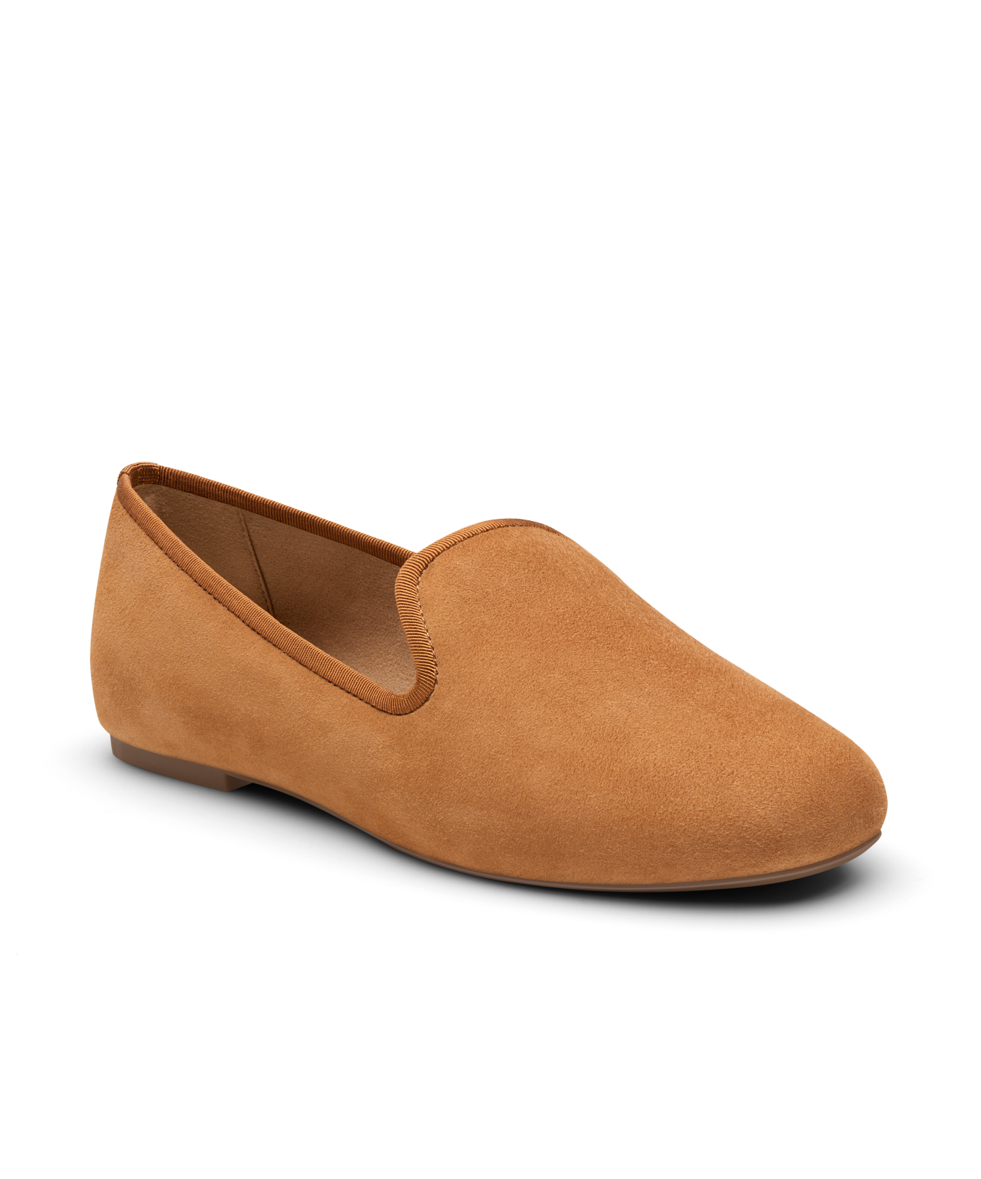 Tan suede classic loafer shoe with rounded toe, designed for comfort and style. Perfect for everyday wear. Front Angled view.