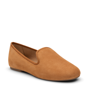 Tan suede classic loafer shoe with rounded toe, designed for comfort and style. Perfect for everyday wear. Front Angled view.