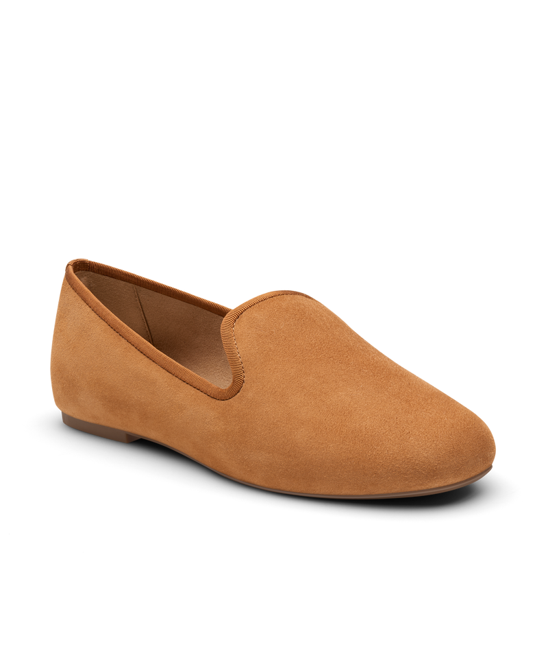 Tan suede classic loafer shoe with rounded toe, designed for comfort and style. Perfect for everyday wear. Front Angled view.