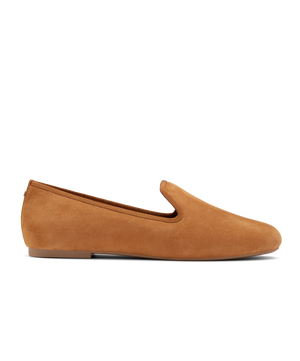 Tan suede classic loafer shoe with rounded toe, designed for comfort and style. Perfect for everyday wear. side view