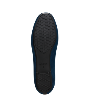 Navy suede classic loafer shoe with rounded toe, designed for comfort and style. Perfect for everyday wear. Bottom view.