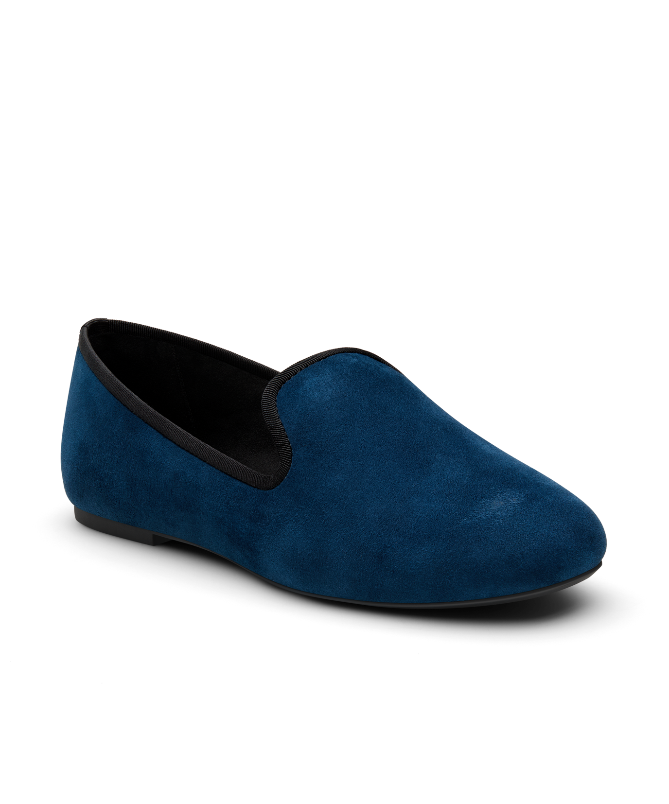 Navy suede classic loafer shoe with rounded toe, designed for comfort and style. Perfect for everyday wear. Front angled view.