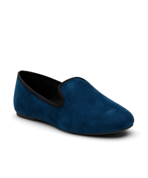 Navy suede classic loafer shoe with rounded toe, designed for comfort and style. Perfect for everyday wear. Front angled view.