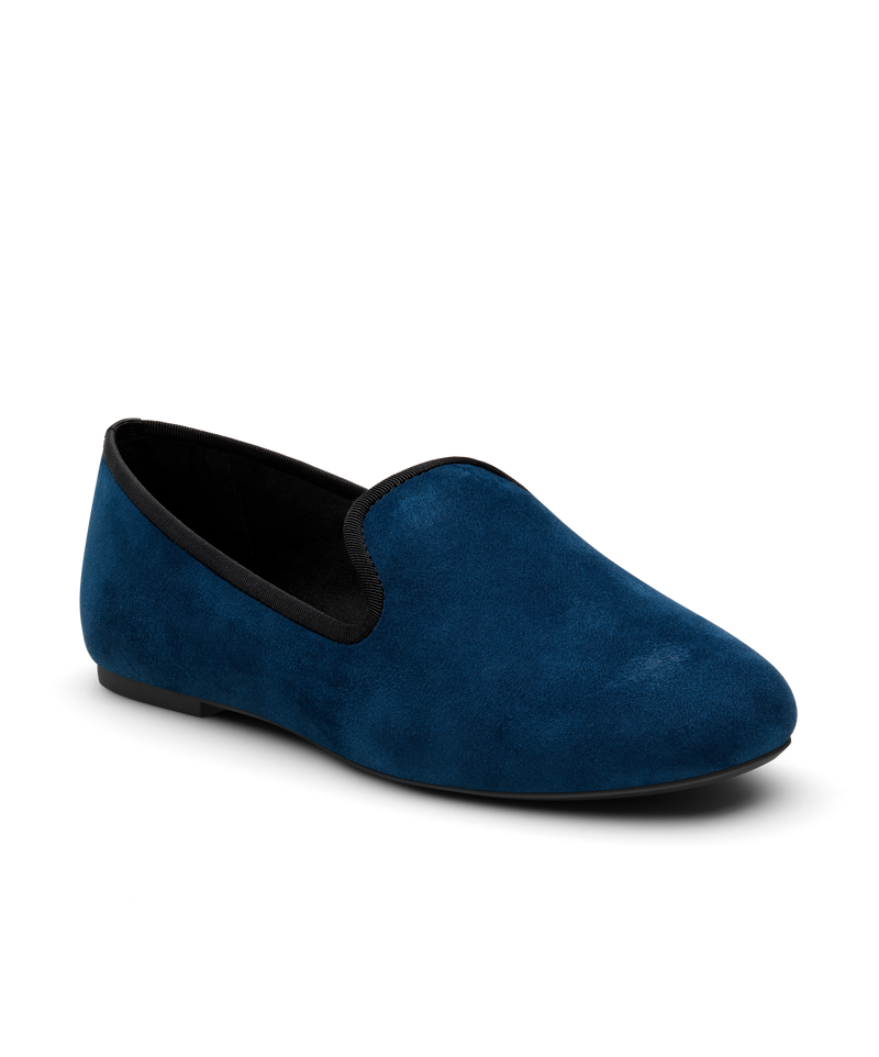 Navy suede classic loafer shoe with rounded toe, designed for comfort and style. Perfect for everyday wear. Front angled view.