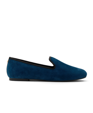 Navy suede classic loafer shoe with rounded toe, designed for comfort and style. Perfect for everyday wear. Side view