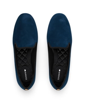 hover | Navy suede classic loafer shoe with rounded toe, designed for comfort and style. Perfect for everyday wear. Top view.