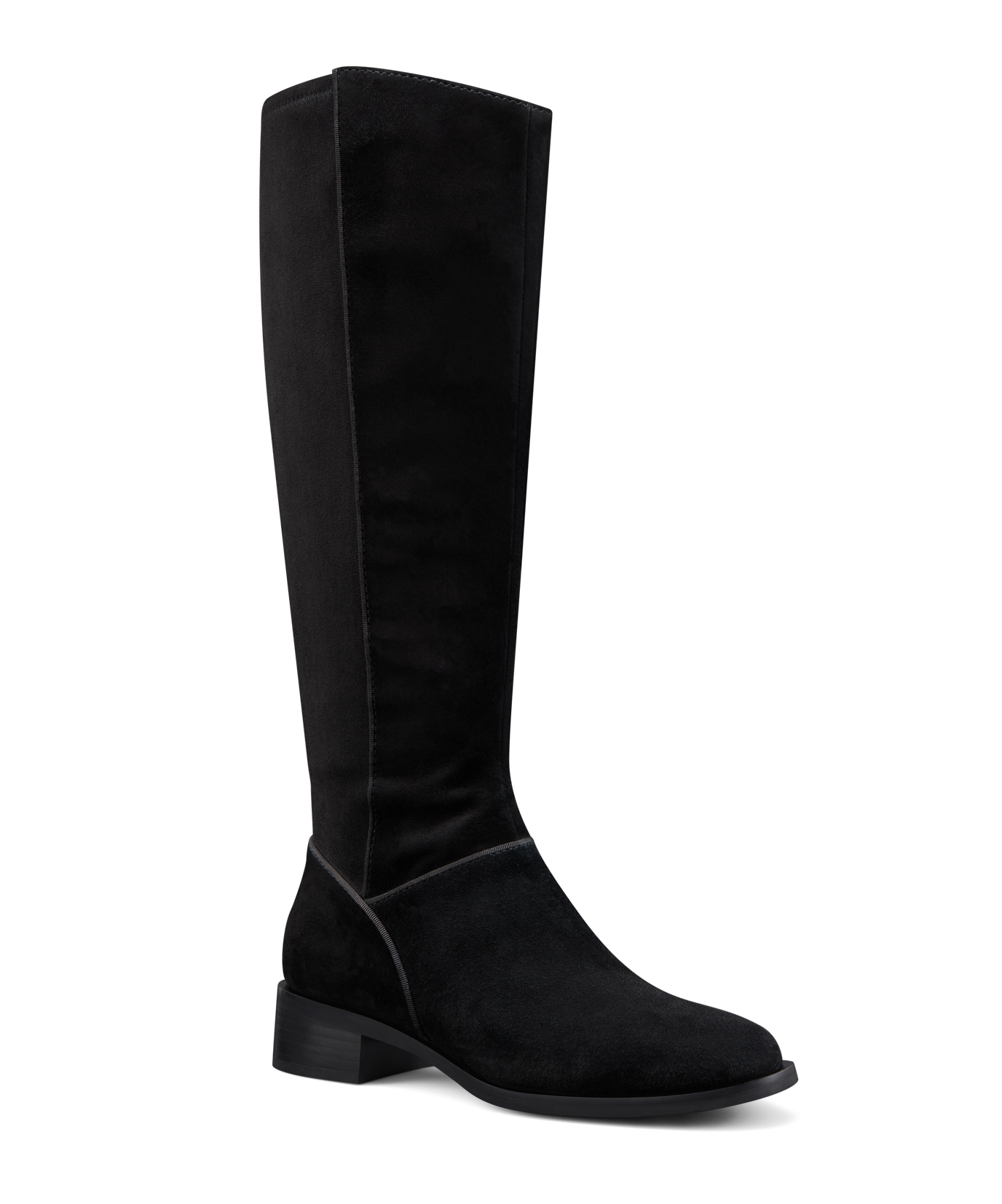 front 3/4ths view of the starling tall boot in black suede
