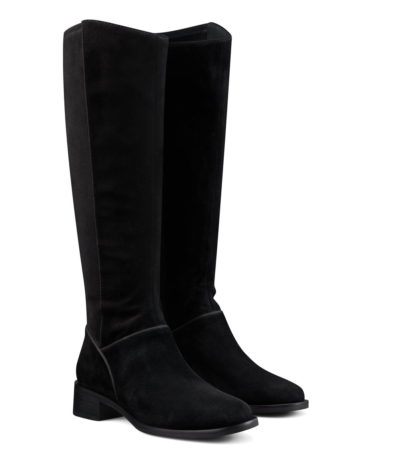 hover | front 3/4ths view of the starling tall boot in black suede