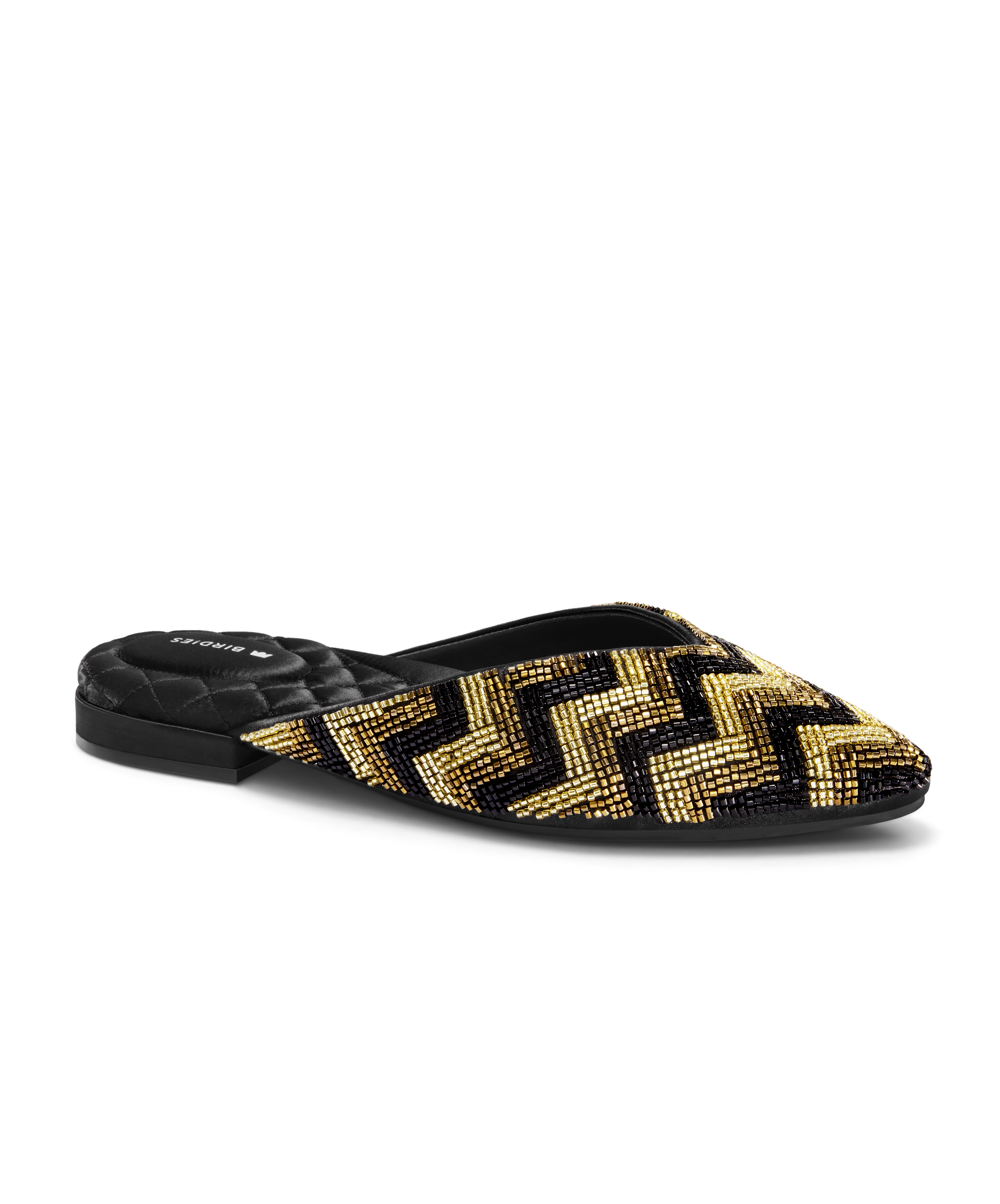 front 3/4ths view of the Swan mule in Deco Beaded Chevron