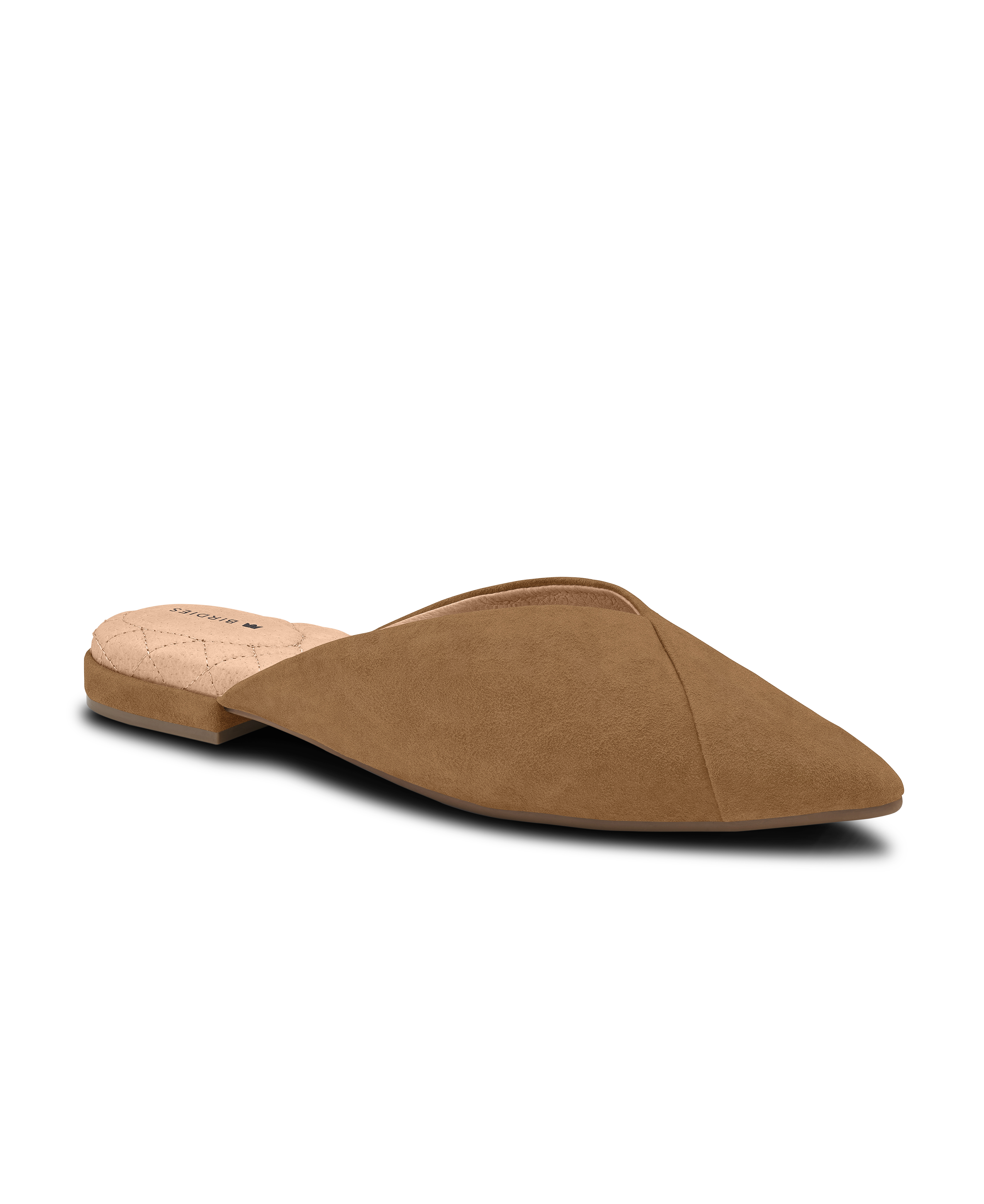 front 3/4ths view of the Swan mule in Golden Oak (tan) Suede