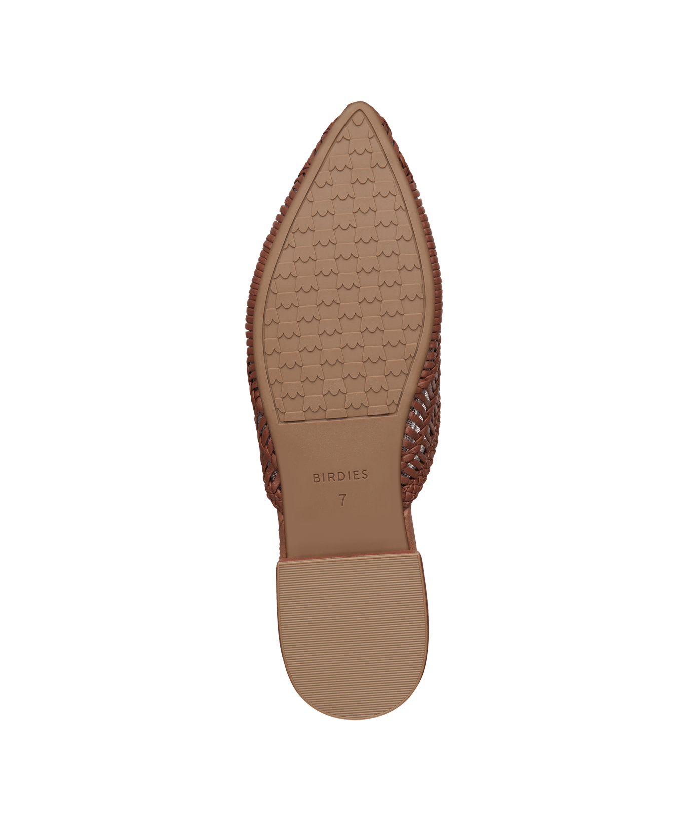 bottom view of the Swan mule in cognac (brown) woven